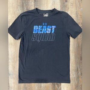 Boys Under Armour Black Tee with Blue Beast Squad Graphic
YLG Loose Fit